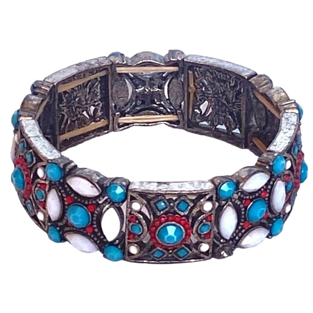 "Tribal Oriental Turkish‎ Design Faux Stones Stretch Silver Tone Bracelet"